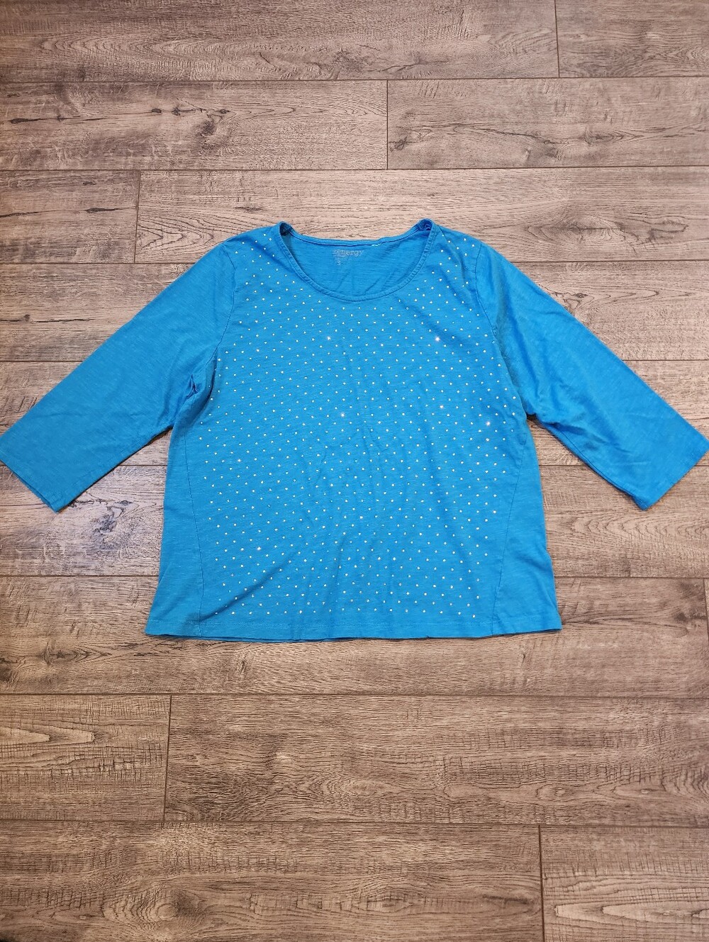 Zenergy by Chicos Womens Size 3 Blue Blouse 3/4 Long Sleeve Rhinestone Shirt